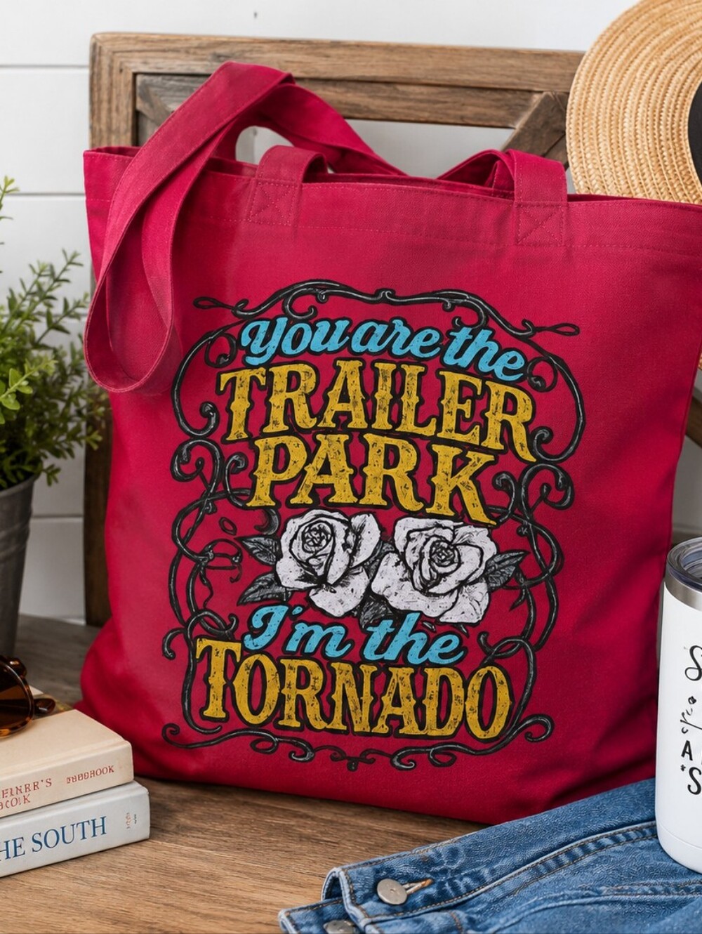 Funny Trailer Park Tornado Tote Bag Sarcastic Cotton Canvas Gift